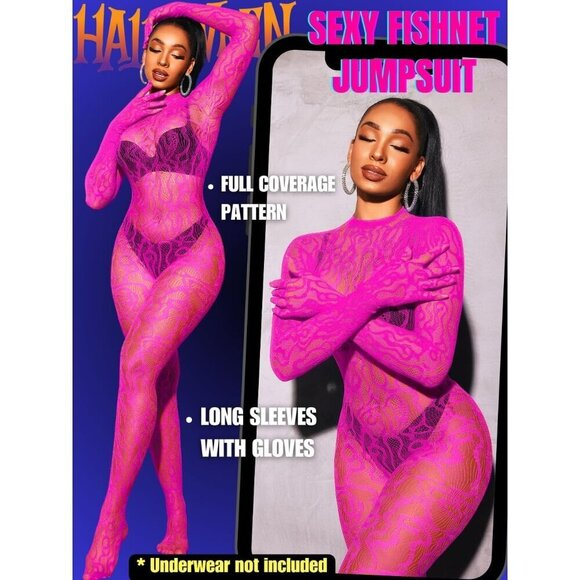 🆕Women Pink Sexy Fishnet Full Mesh Jumpsuit Body Stockings Halloween Costume - Picture 2 of 6